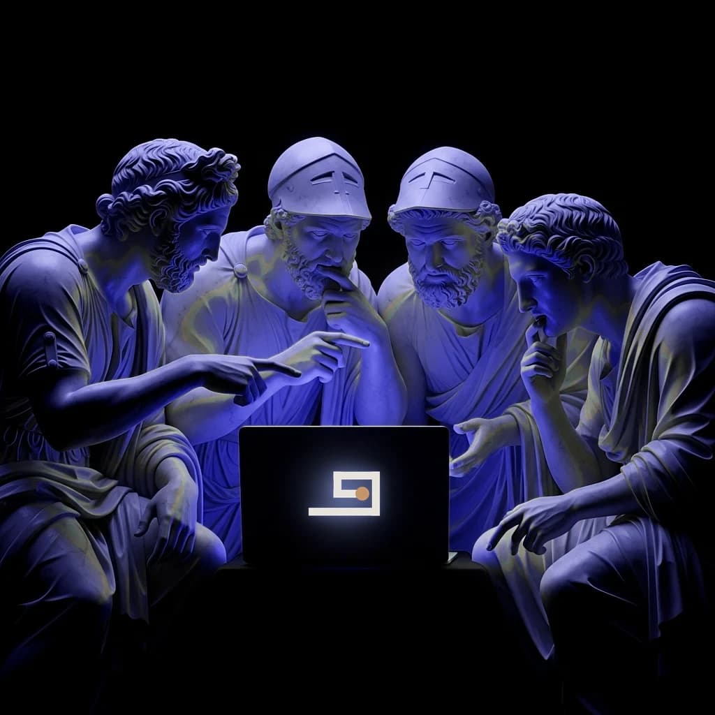 Cuatro estatuas clásicas reunidas alrededor de un portátil iluminado