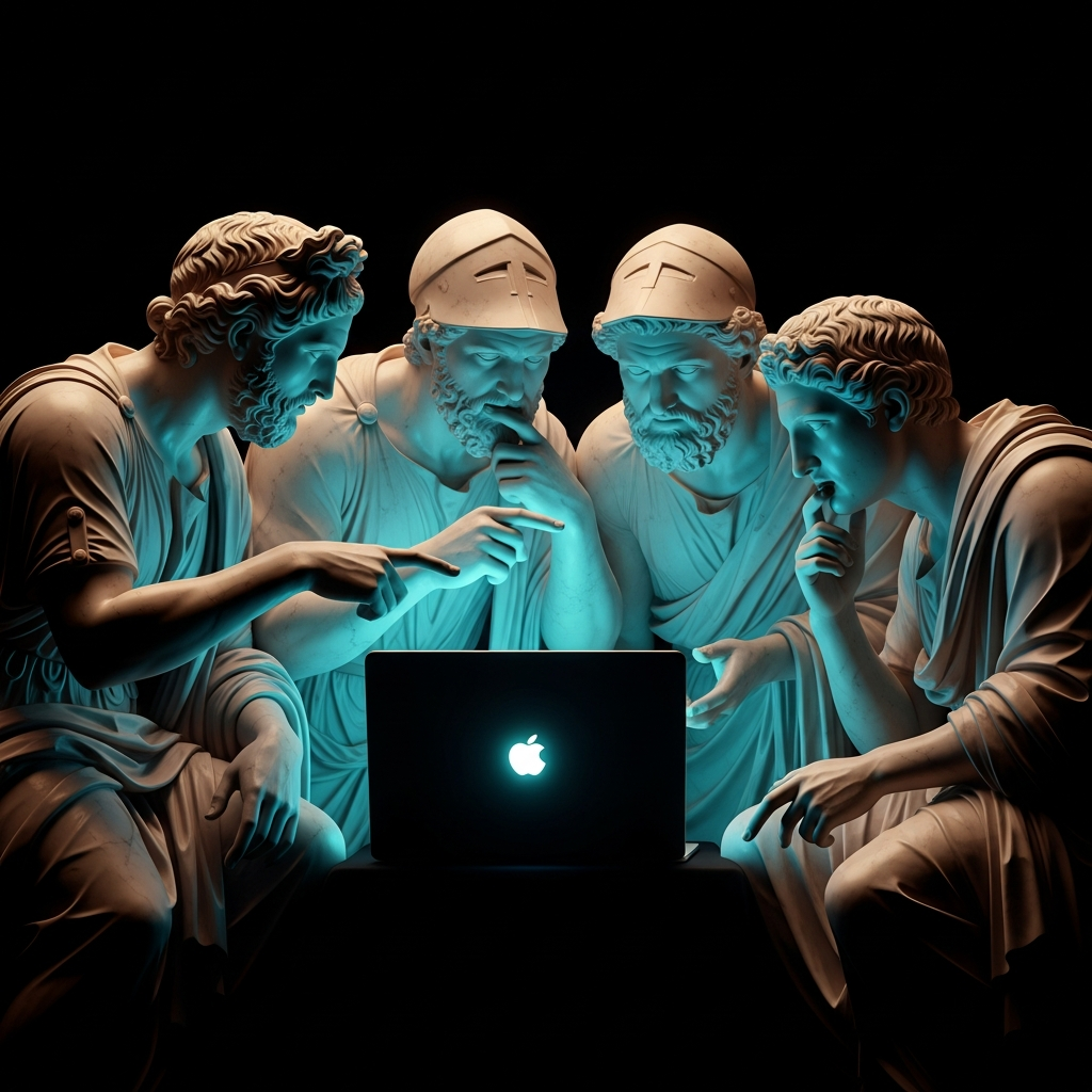 Esculturas clásicas colaborando con tecnología — transformación digital con IA